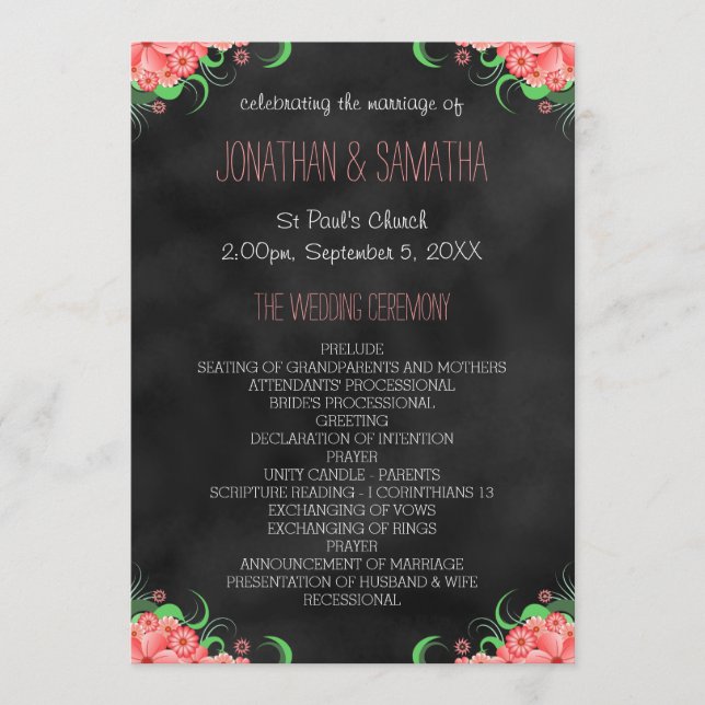 Black Chalkboard Pink Floral Wedding Programm (Vorderseite)