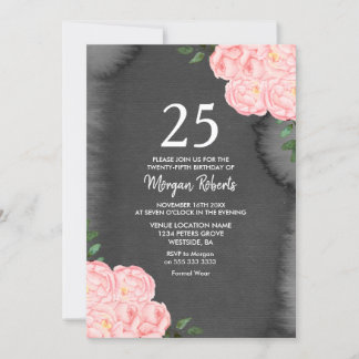 Black Chalkboard Rosa Rose 25. Geburtstag Einladun Einladung