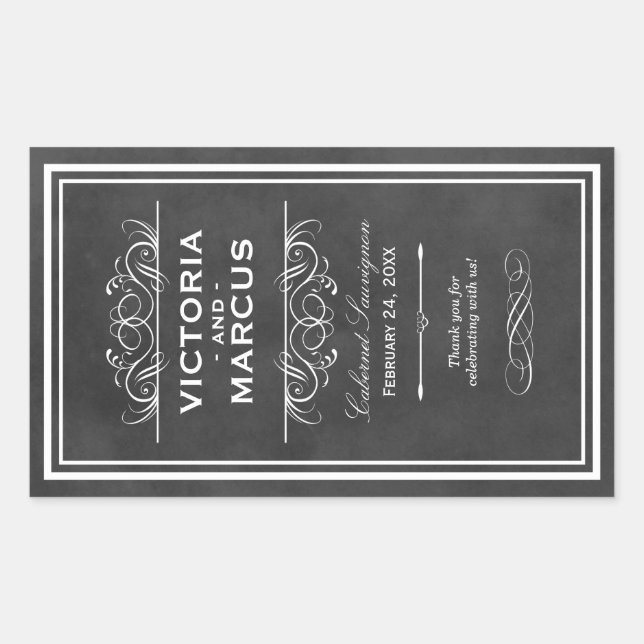 Black Chalkboard Wedding Monogram Wine Flasche Rechteckiger Aufkleber (Vorderseite)