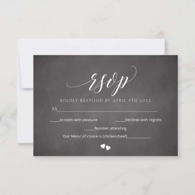 Black Chalkboard Wedding RSVP Script Response Card Einladung (Vorderseite)