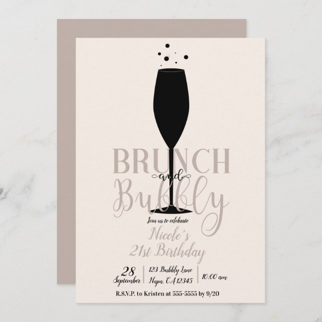 Black Champagne Glass Brunch & Bubbly Geburtstag Einladung (Vorne/Hinten)