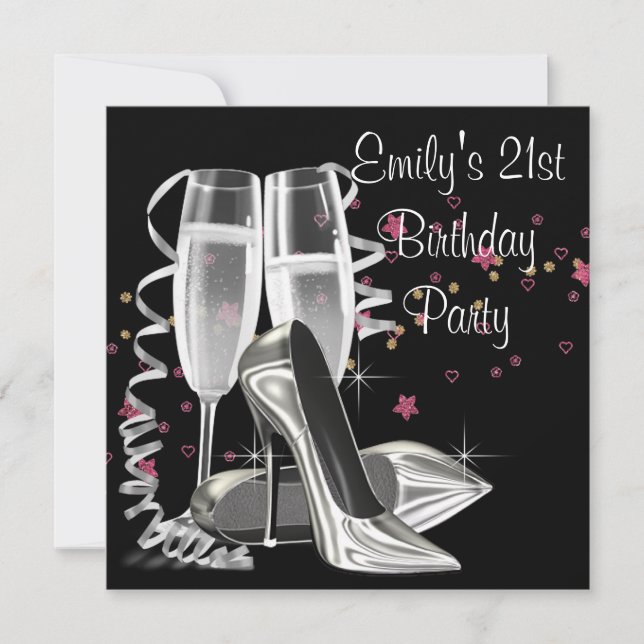 Black Champagne High Heels 21. Geburtstag Party Einladung (Vorderseite)