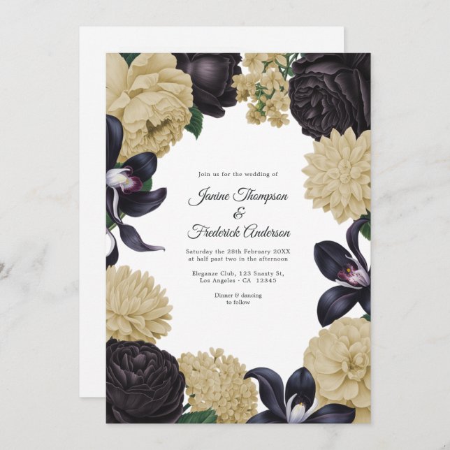 Black & Champagne Photo/QR Code Floral Wedding Einladung (Vorne/Hinten)