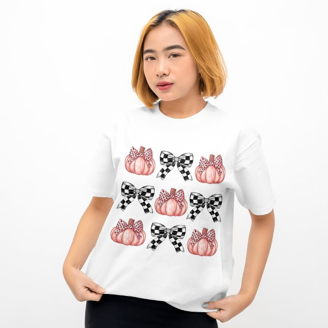 Black Checked Bow Coquette Pink Leopard Pumpkin T-Shirt (Von Creator hochgeladen)