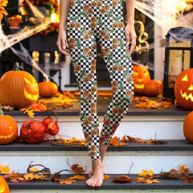 Black Checkerboard Cherry Pumpkins Muster Leggings (Von Creator hochgeladen)