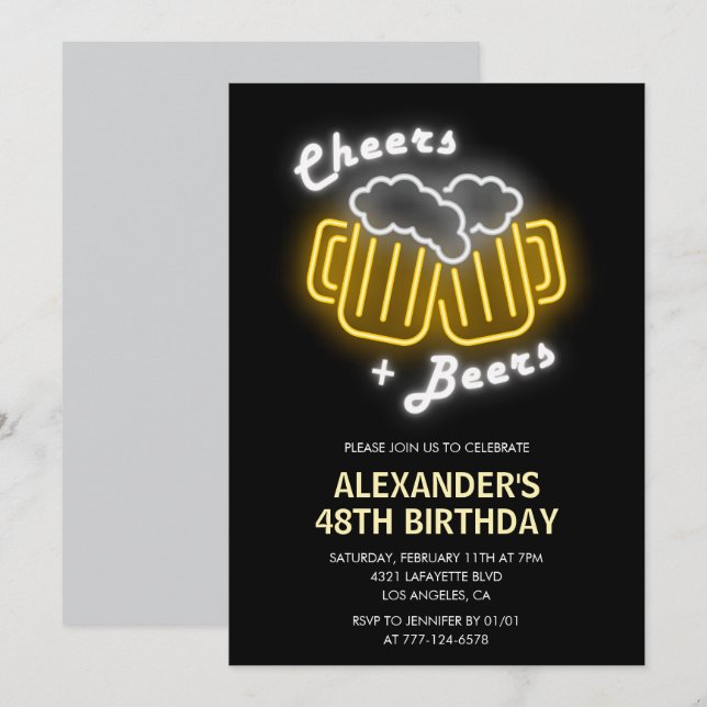 Black Cheers and Bers Drinks 48. Geburtstag Einladung (Vorne/Hinten)