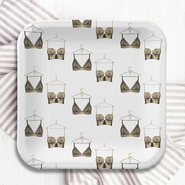 Black Chic Lace Watercolor Lingerie Brautparty Pappteller (Von Creator hochgeladen)