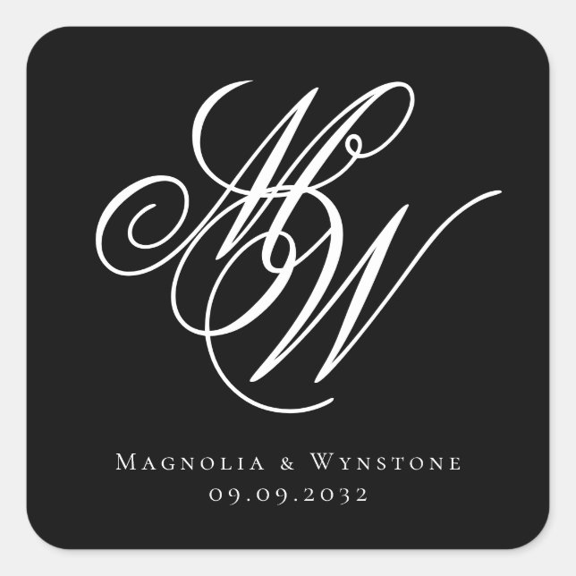 Black Chic Monogram Wedding Quadratischer Aufkleber (Vorderseite)