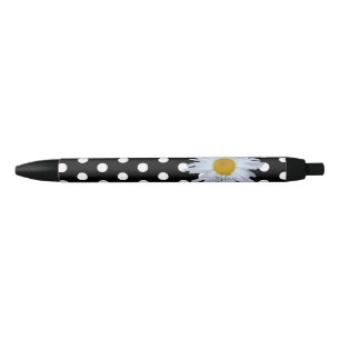 Black Chic White Polka Dos Fun Daisy Custom Kugelschreiber