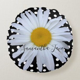Black Chic White Polka Dos Fun Daisy Custom Rundes Kissen
