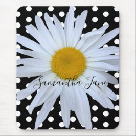 Black Chic White Polka Dots Daisy Custom Mousepad
