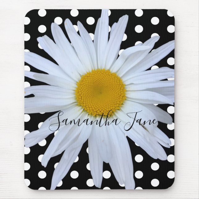 Black Chic White Polka Dots Daisy Custom Mousepad (Vorne)