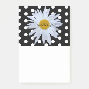 Black Chic White Polka Dots Daisy Custom Post-it Klebezettel