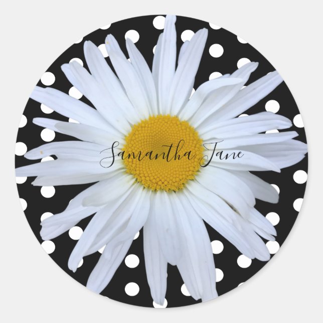 Black Chic White Polka Dots Daisy Custom Runder Aufkleber (Vorderseite)