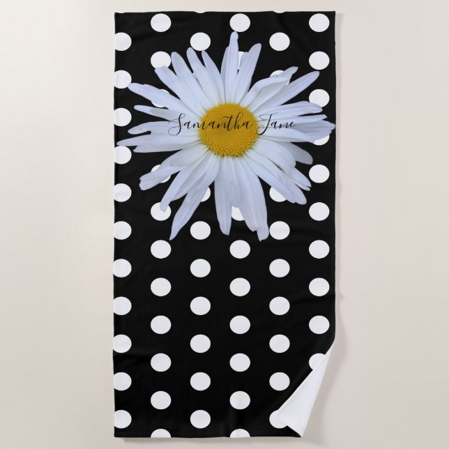Black Chic White Polka Dots Daisy Custom Strandtuch (Vorderseite)