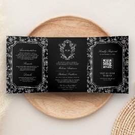Black Chinoiserie Wappen QR Code Hochzeit Dreifach Gefaltete Einladung