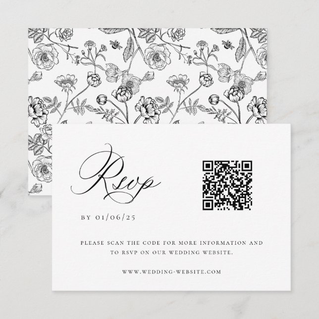 Black Chinoiserie Wedding QR Code RSVP Card Einladung (Vorne/Hinten)