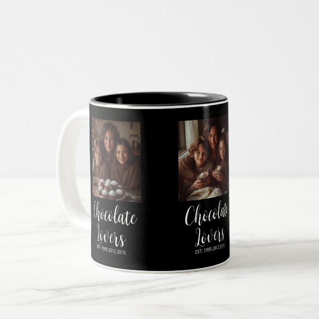 Black Chocolate Lovers Established 3 Photo Script Zweifarbige Tasse (Vorderseite Links)
