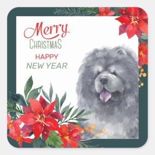 Black Chow Chow Dog Poinsettia Grenze Weihnachten Quadratischer Aufkleber