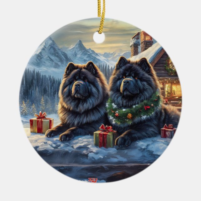 Black Chows Holiday Design von Rich AMeN Gill Keramik Ornament (Vorne)