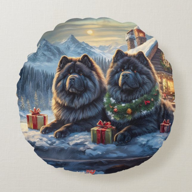 Black Chows Holiday Design von Rich AMeN Gill Rundes Kissen (Vorderseite)