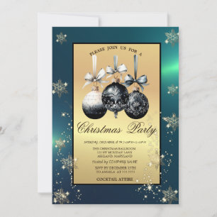 Black Christmas Balls Snowflakes Gold Party Einladung