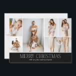 BLACK Christmas Elegante 6 Collage Foto Feiertagskarte<br><div class="desc">Mit dieser Weihnachtskarte mit einem einfachen, minimalen und sauberen Design, die das ganze Jahr über die Highlights Ihrer Familie bietet, teilen Sie sich die Weihnachtskarte. Die Vorderseite besteht aus einer modernen Collage aus 6 Fotos, gepaart mit dem festlichen Gruß "Frohe Weihnachten" in einem eleganten Serif-Schriftart über eine schicke schwarze Farbe,...</div>