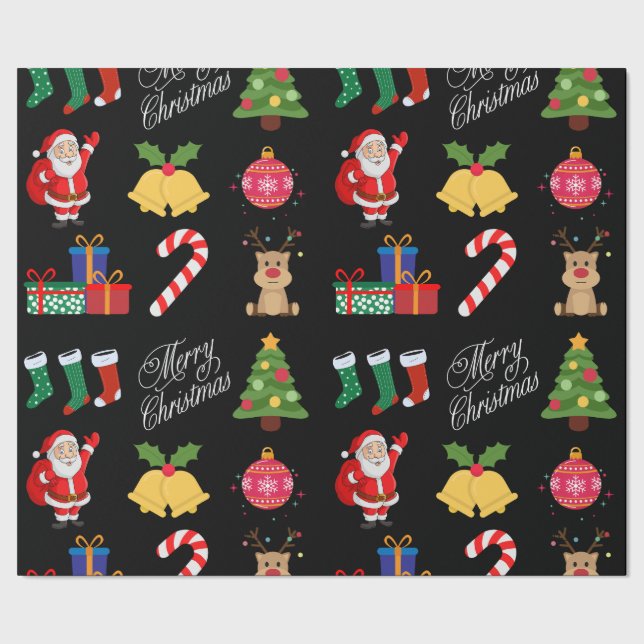 Black Christmas Icons Wrapper Paper Geschenkpapier (Saum)