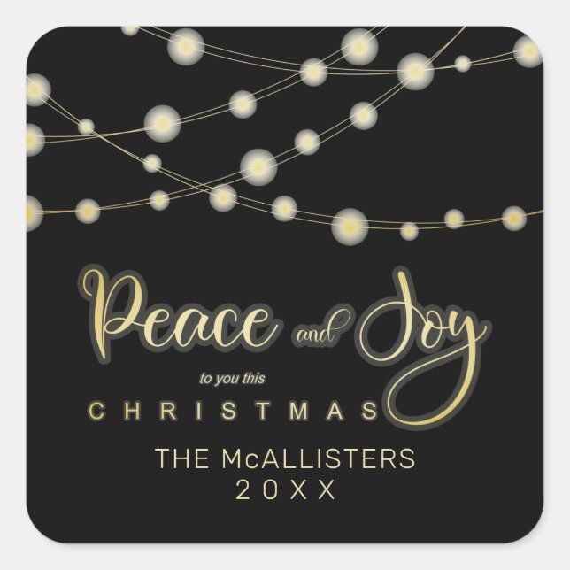 Black Christmas Light Peace & Joy Whimsical Script Quadratischer Aufkleber (Vorderseite)