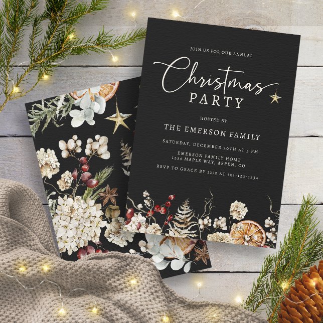 Black Christmas Party Einladung (Black Rustic Boho Christmas Party Invitation by Painted Paperie
)