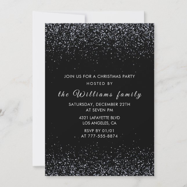 Black Christmas Party Silver Glitzer Einladung (Vorderseite)