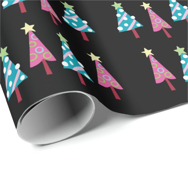 Black Christmas Pink & Blue Trees Wrapping Paper Geschenkpapier (Rolleneckpunkt)