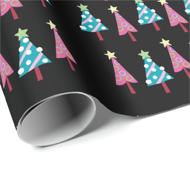 Black Christmas Pink Blue Wrapping Paper Geschenkpapier (Rolleneckpunkt)