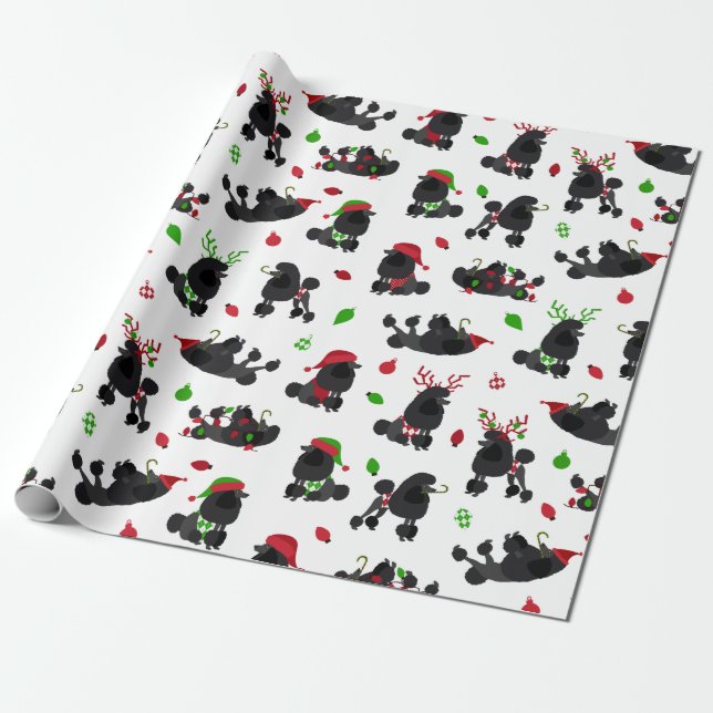 Black Christmas Poodles White Geschenkpapier (Ungerollt)