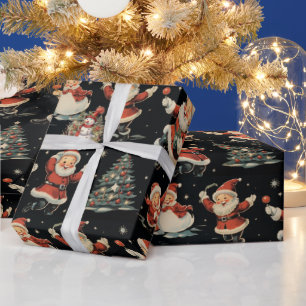 Black Christmas Santa Tree Snowman Geschenkpapier