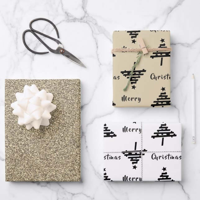 Black Christmas Tree Imitate Gold Glitzer Holiday Geschenkpapier Set (Vorderseite)