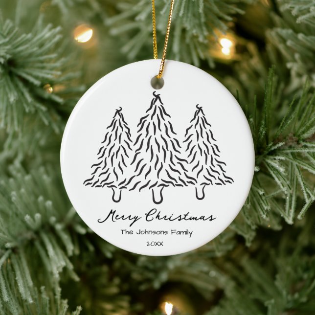 Black Christmas Trees Doodles 1 Photo Merry Joyful Keramik Ornament (Baum)