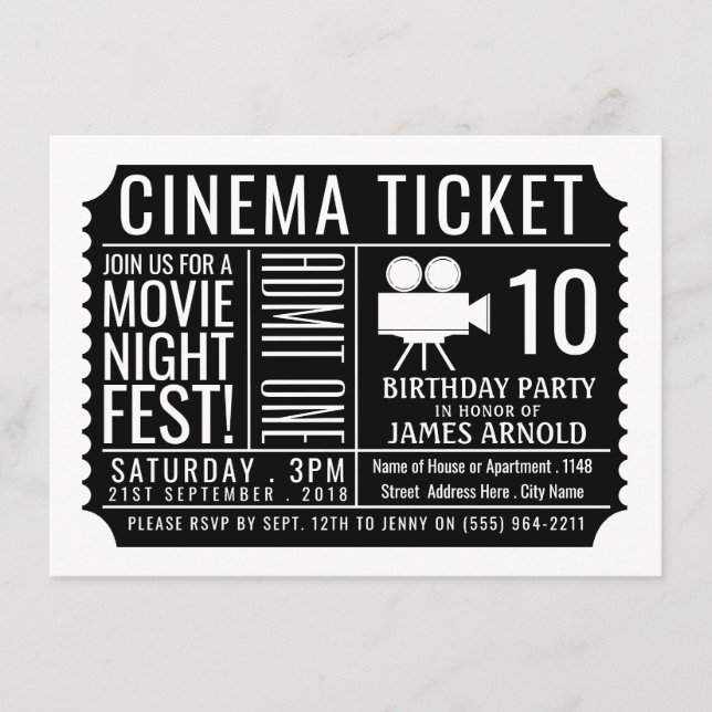 Black Cinema Ticket, Kinderparty Ticket Begleitkarte (Vorderseite)
