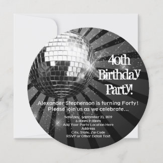 Black Circle Round Disco Ball 40. Geburtstag Party Einladung