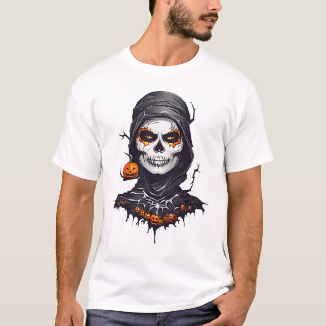 Black Cloakon Skeleton Halloween AI Art T-Shirt (Vorderseite)
