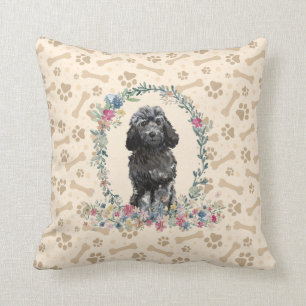 Black Cockapoo Dog Paw Print & Floral Niedlich Kissen
