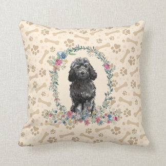 Black Cockapoo Dog Paw Print & Floral Niedlich Kissen