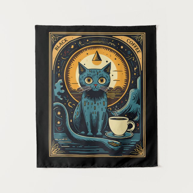 Black Coffee Cat Tarot Card Occult Wandteppich (Vorderseite)