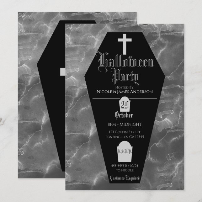 Black Coffin Grabstein Gothic Halloween-Party Einladung (Vorne/Hinten)