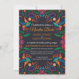 Black Colorful Floral Nuestra Boda Spanish Wedding Einladung
