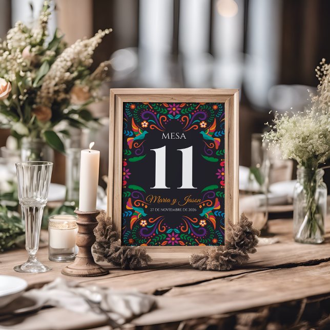 Black Colorful Floral Nuestra Boda Spanish Wedding Tischnummer (Black Colorful Floral Nuestra Boda Spanish Wedding Table Number)