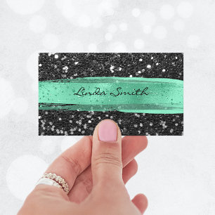 Black Confetti Glitter Mint Green Brush Strokes Visitenkarte