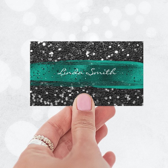 Black Confetti Glitzer Aquamariner grüner Pinselst Visitenkarte (Black Confetti Glitter Teal Green Brush Strokes Business Card)