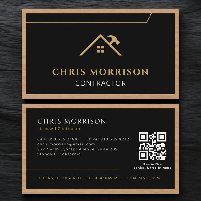 Black Construction Professional Wood QR Code Visitenkarte (Von Creator hochgeladen)