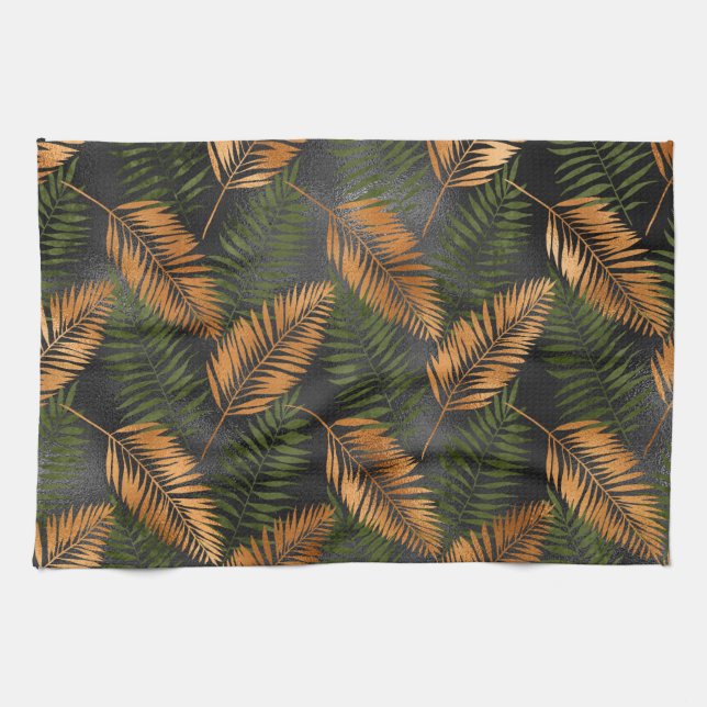 Black Copper Brown Palm Tree Leaf Glam Tropical Geschirrtuch (Horizontal)